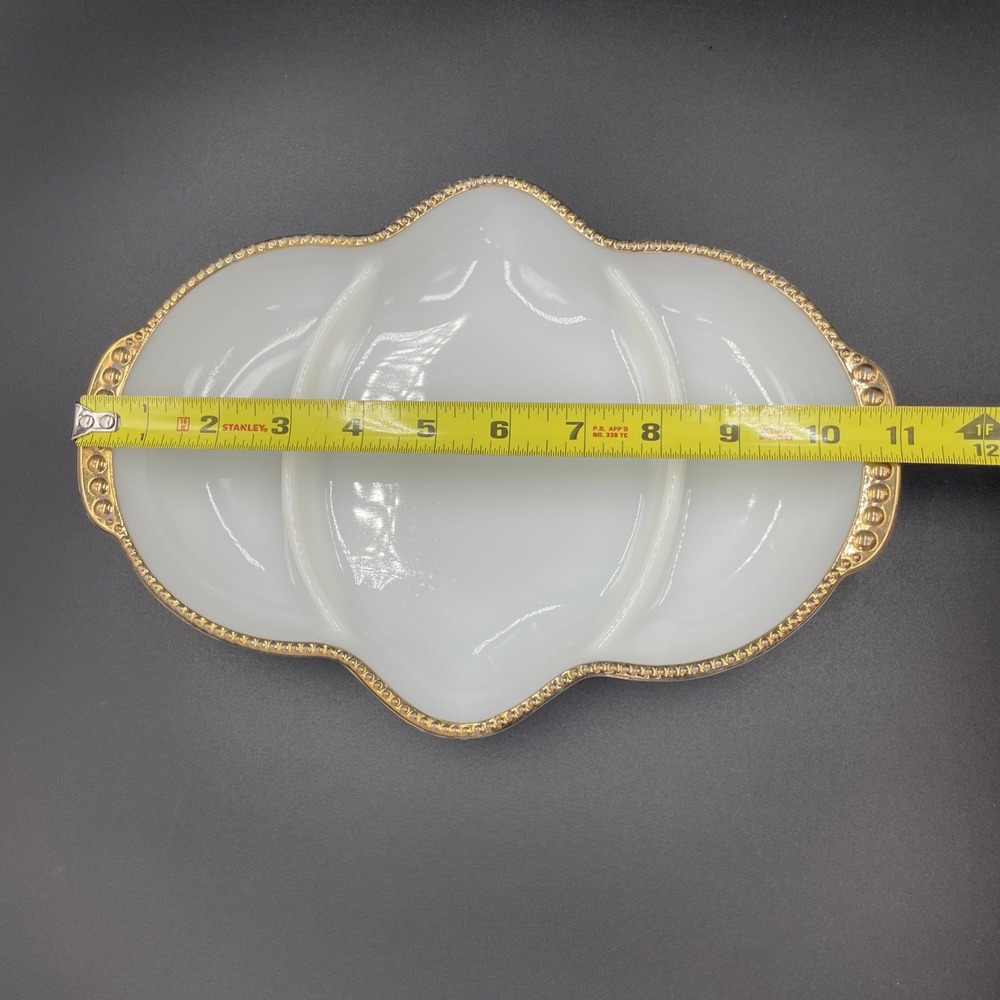 Vintage Fire King Milk Glass Divided Dish Cottage-MCM Gold Trim Oven Serve - Picture 13 of 15
